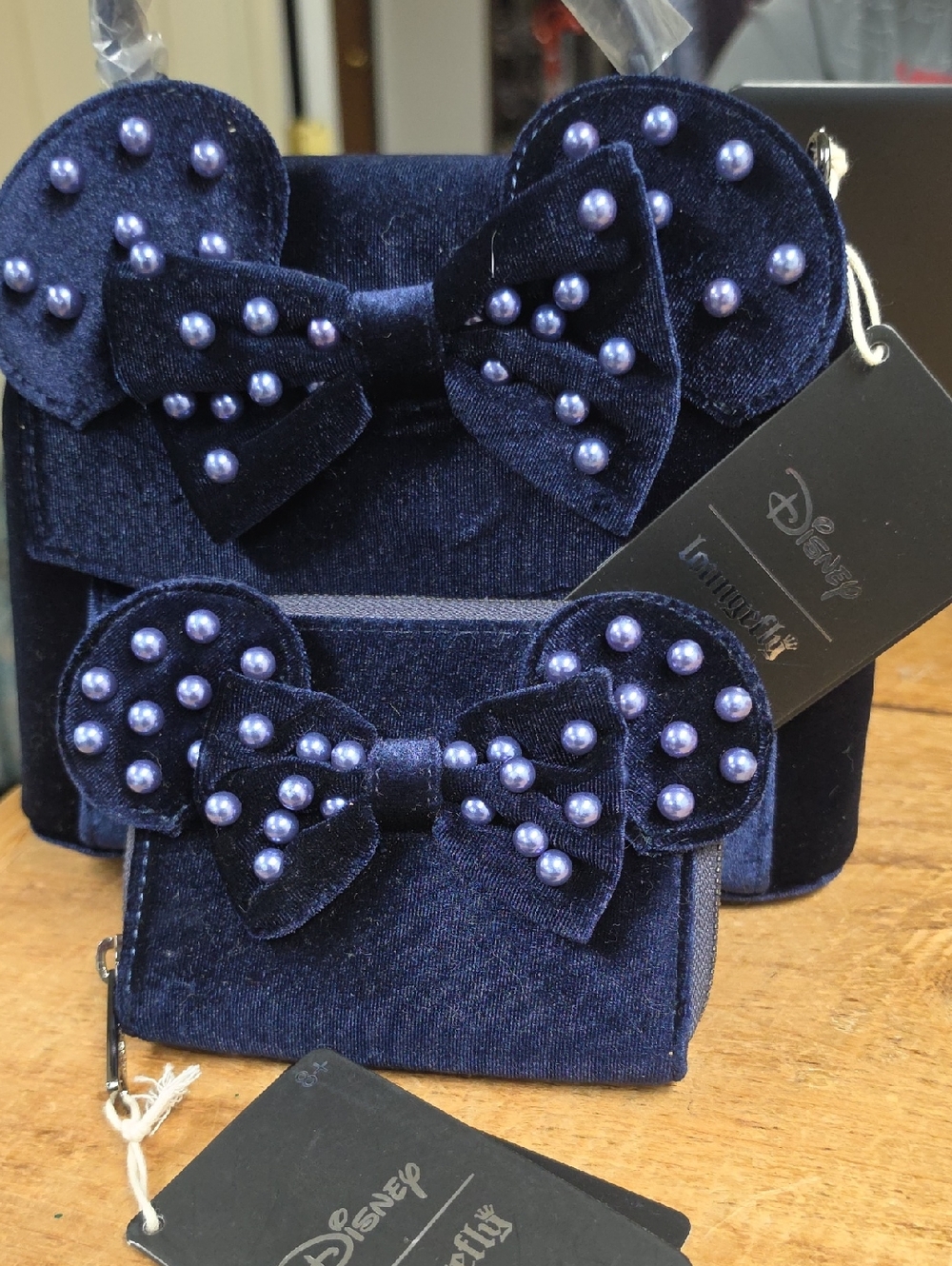 Loungefly Disney Navy Velvet Minnie Ear Backpack with Pearl Bow Accents